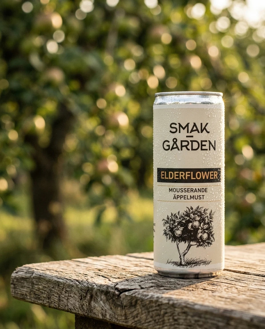 Canned sparkling apple juice (mousserande äppelmust) — Orchard Golden Hour Lifestyle | Generated by Modelize
