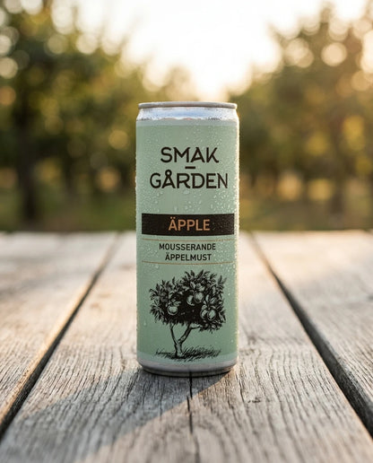 Canned sparkling apple juice — Orchard Golden Hour Lifestyle | Generated by Modelize